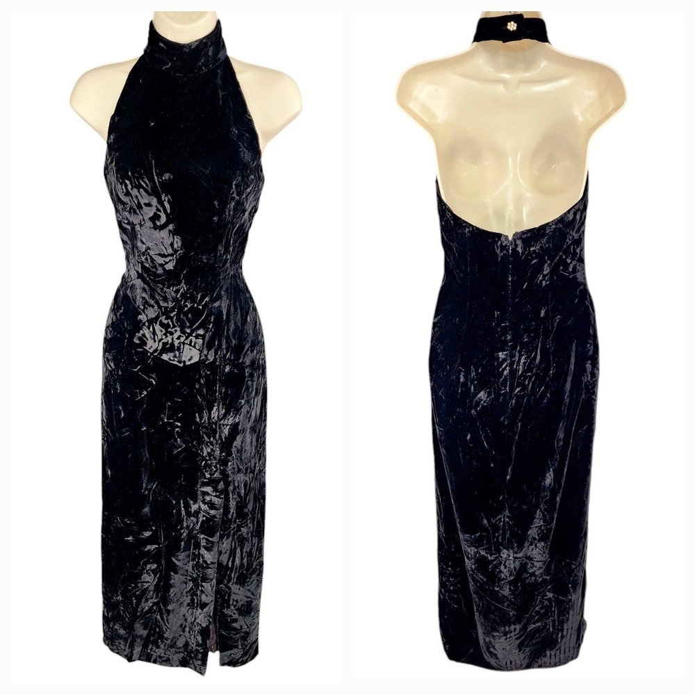 Vtg Kathryn Conover Velvet Maxi Dress 4 Womens Black Halter Whimsigoth‎ Feminine